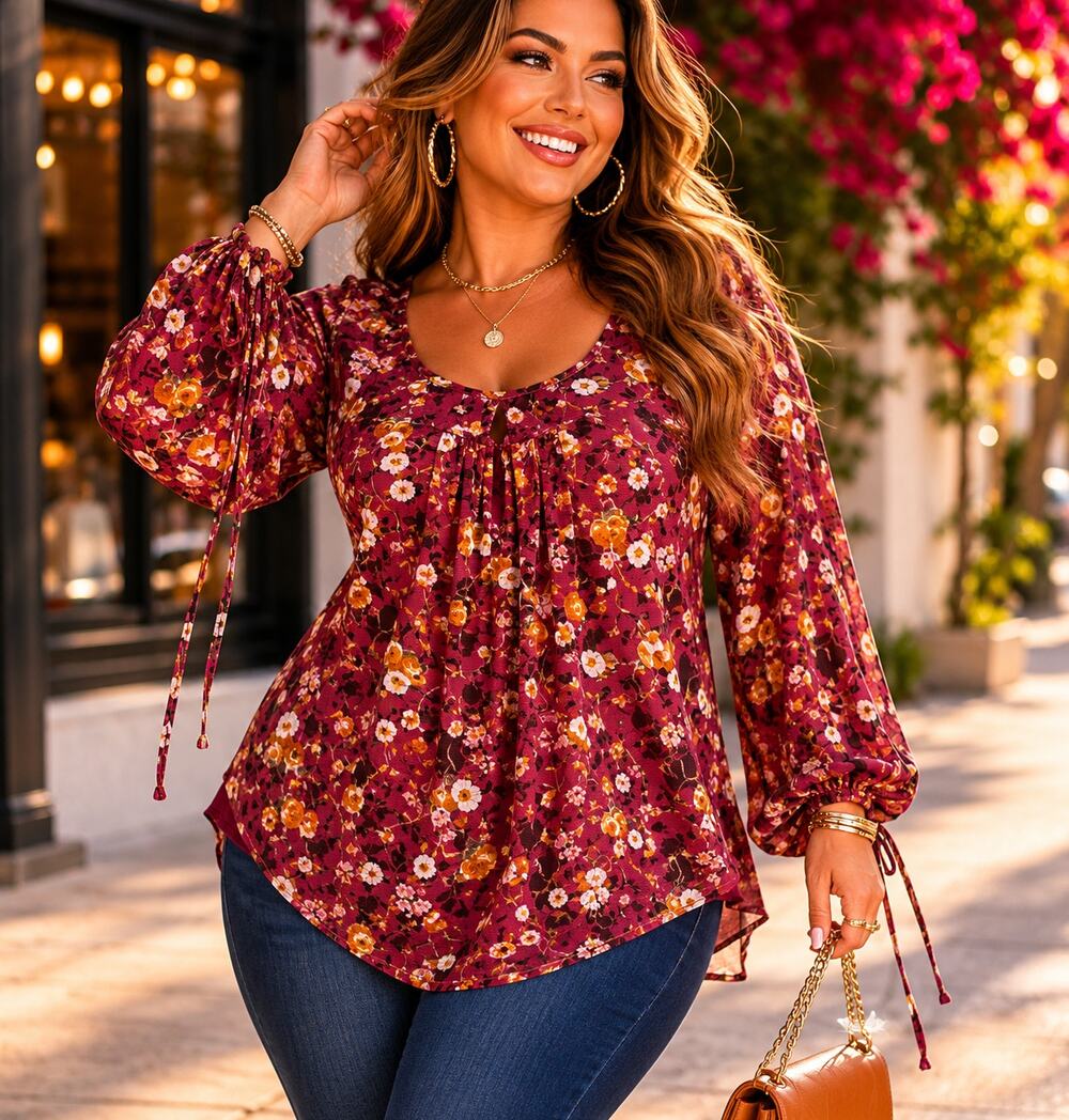 Stem & Vine Floral Peasant Blouse 2X Burgundy Boho Balloon Sleeve Plus
